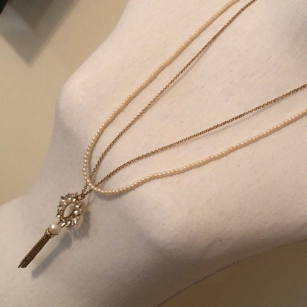 Long Gold and Pearl Pendant Necklace